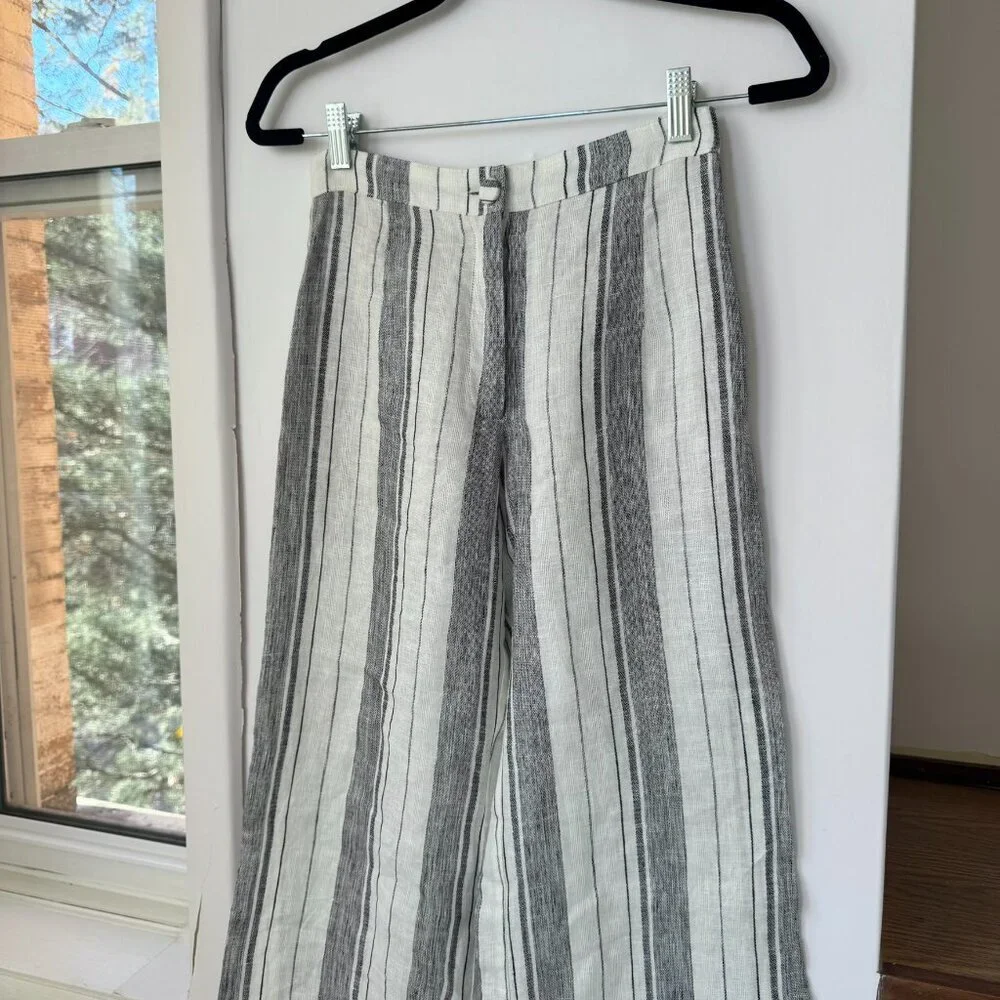 Reformation Romero Striped Linen Wide-Leg Pants White Grey 0